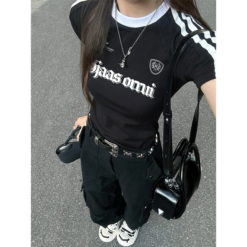 FOPJ重磅精梳棉夏季修身三条杠短袖t恤女圆领字母印花时尚上衣ins