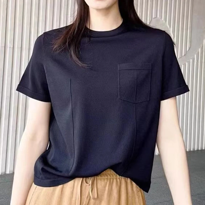 【商场同款】2025新款简约时尚休闲百搭显瘦圆领纯色冰丝短袖T恤女