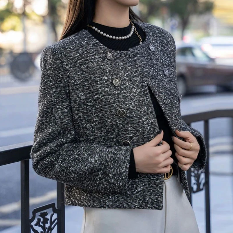 【商场同款】2025春款时尚气质百搭轻奢双排扣小香风毛呢短外套