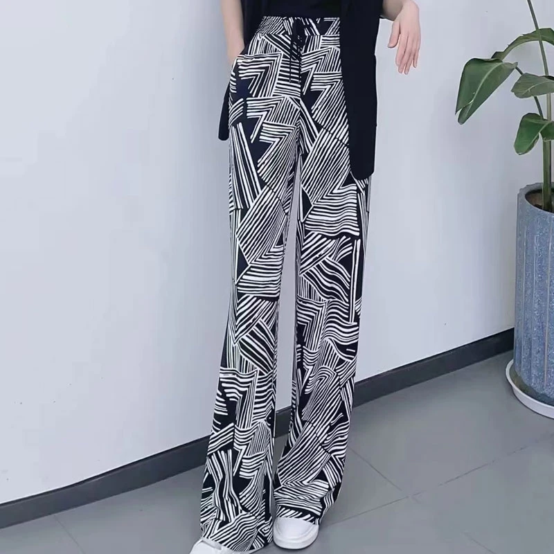 【商场同款】2025春夏高腰百搭气质斑马纹印花垂感拖地裤休闲阔腿裤