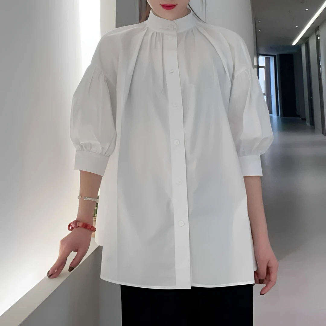 【商场同款】2025春夏宽松阔版百搭小众立领五分泡泡袖衬衫衬衣