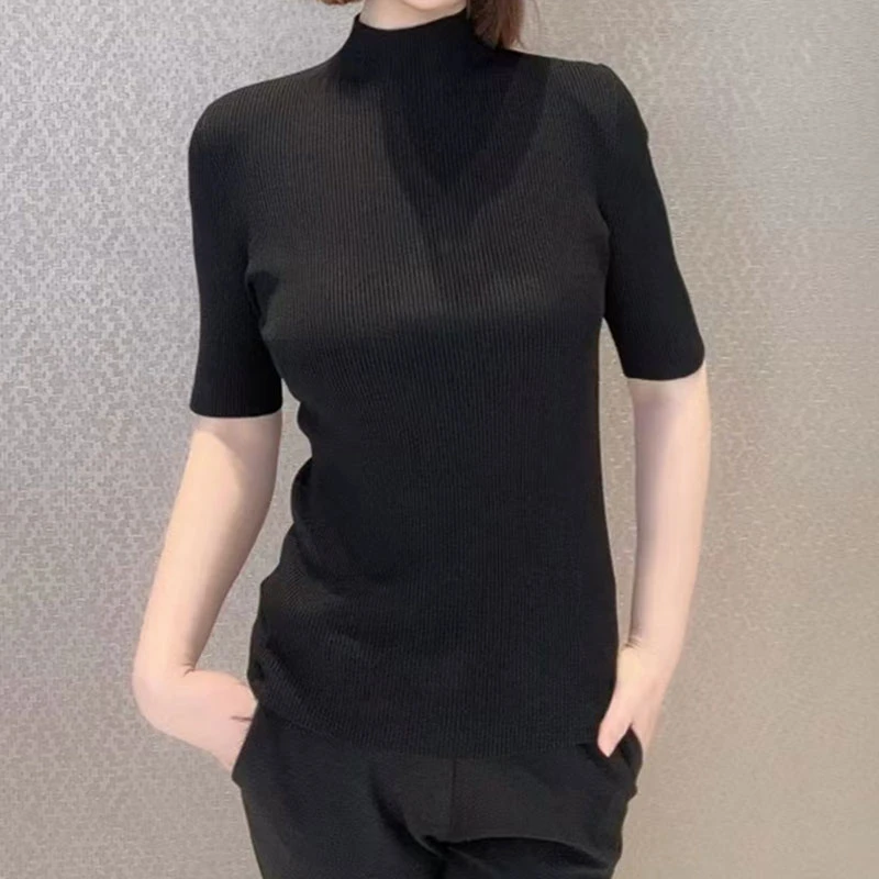 【商场同款】2025夏款修身显瘦百搭弹力纯色冰丝短袖半高领针织衫