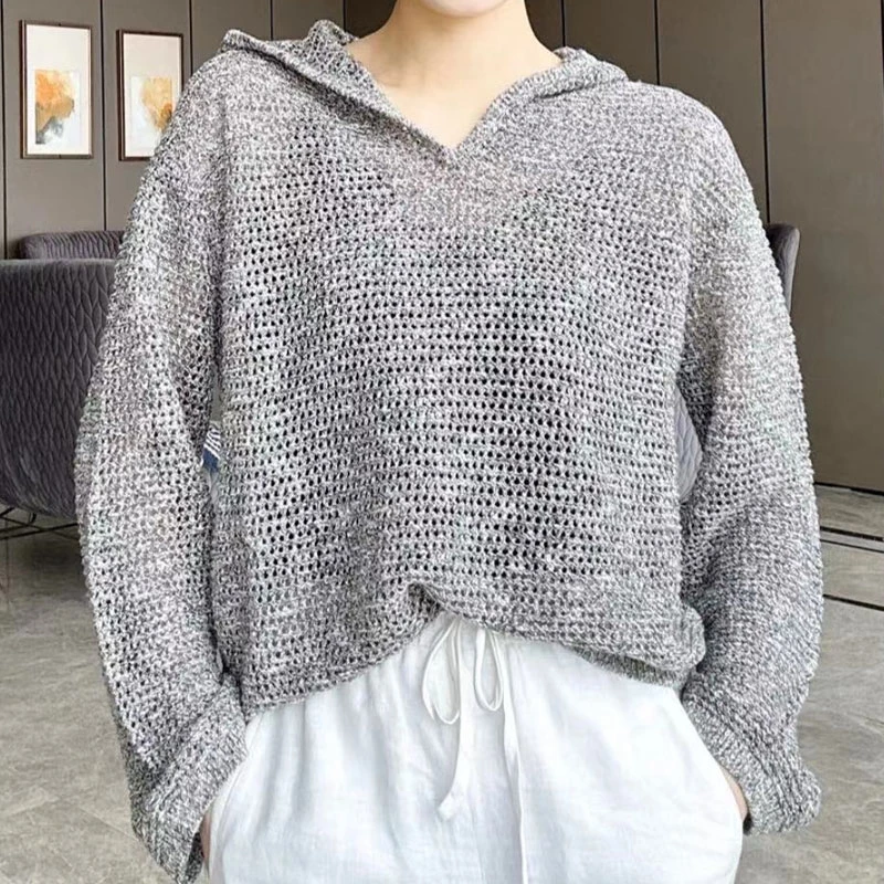 【商场同款】2025新款时尚百搭简约休闲连帽镂空透视长袖针织衫卫衣