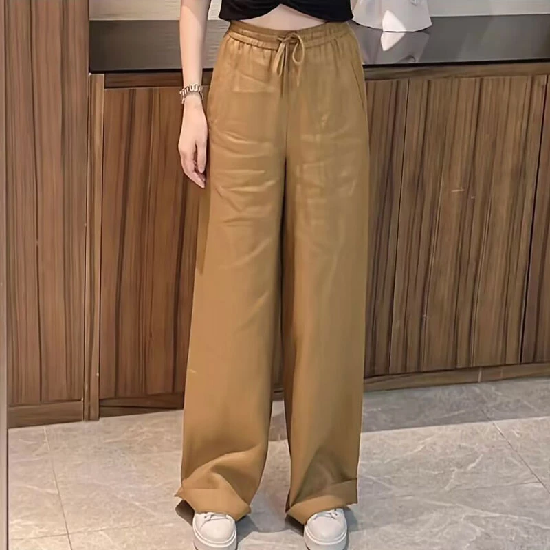 【商场同款】2025新款简约百搭松紧腰抽绳休闲拖地裤亚麻阔腿裤