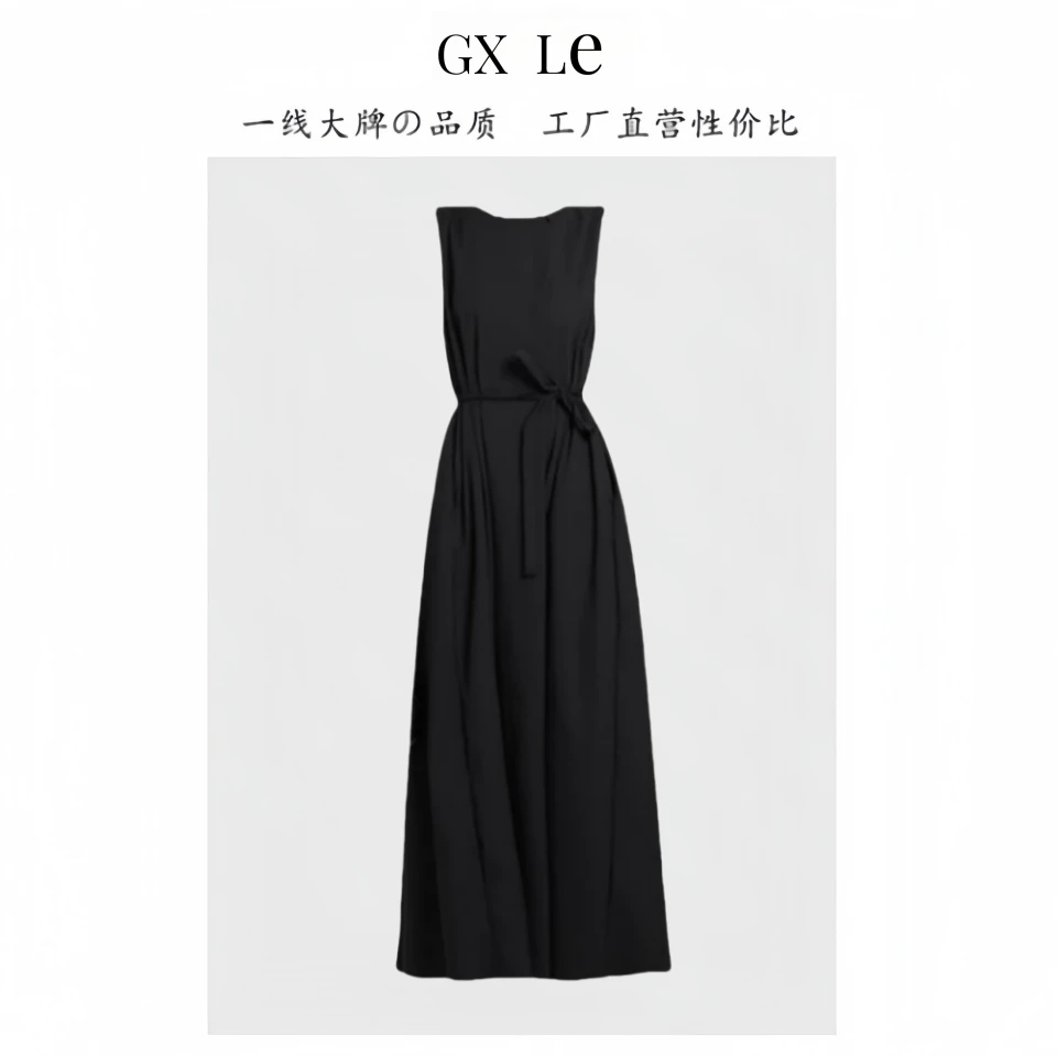 5817 黑精灵夏季显瘦黑色女装连衣裙绑带收腰赫本裙