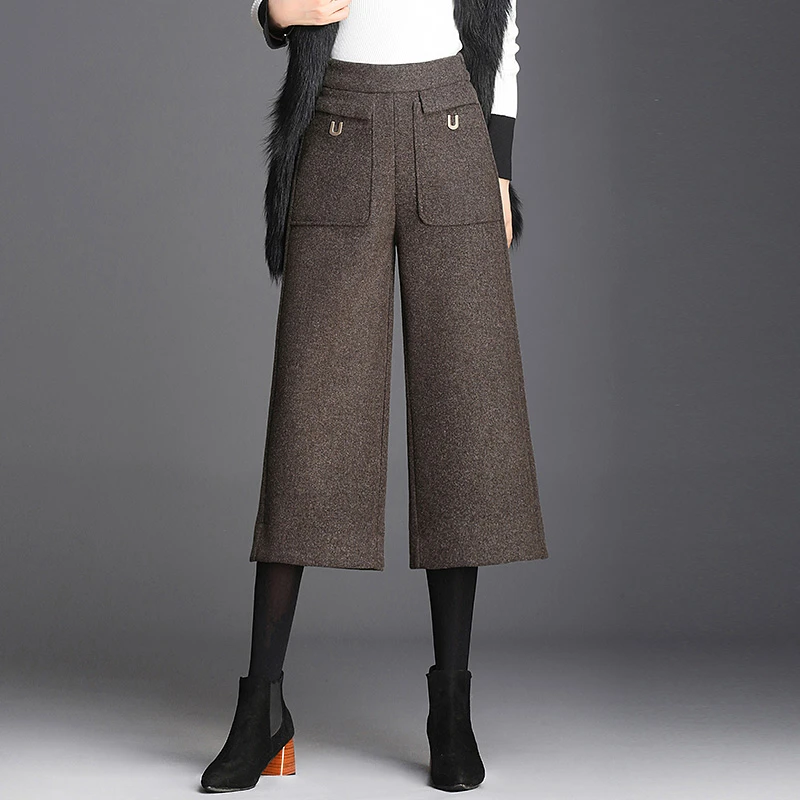 时尚八分毛呢阔腿裤女秋冬2024新款小个子高腰宽松显瘦七分直筒裤