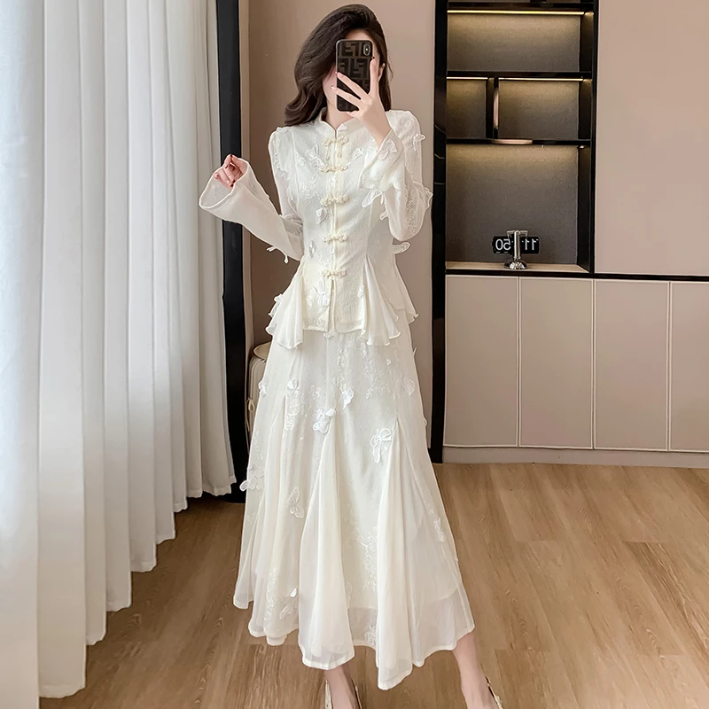 春款新中式定制蝴蝶立体刺绣盘扣改良旗袍上衣半身长裙两件套装女