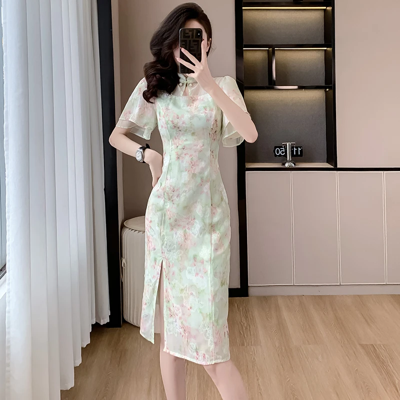 新中式印花改良旗袍裙复古高端女装夏季新款开叉气质优雅连衣裙