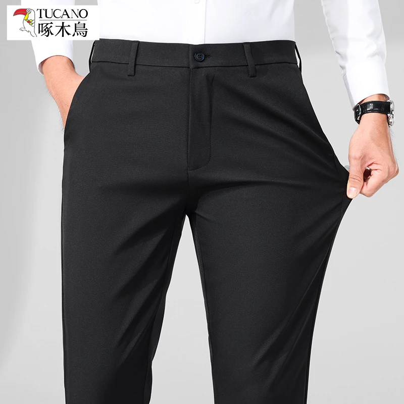 啄木鸟春秋季中年男士直筒休闲裤修身弹力商务西裤加厚长裤子纯色