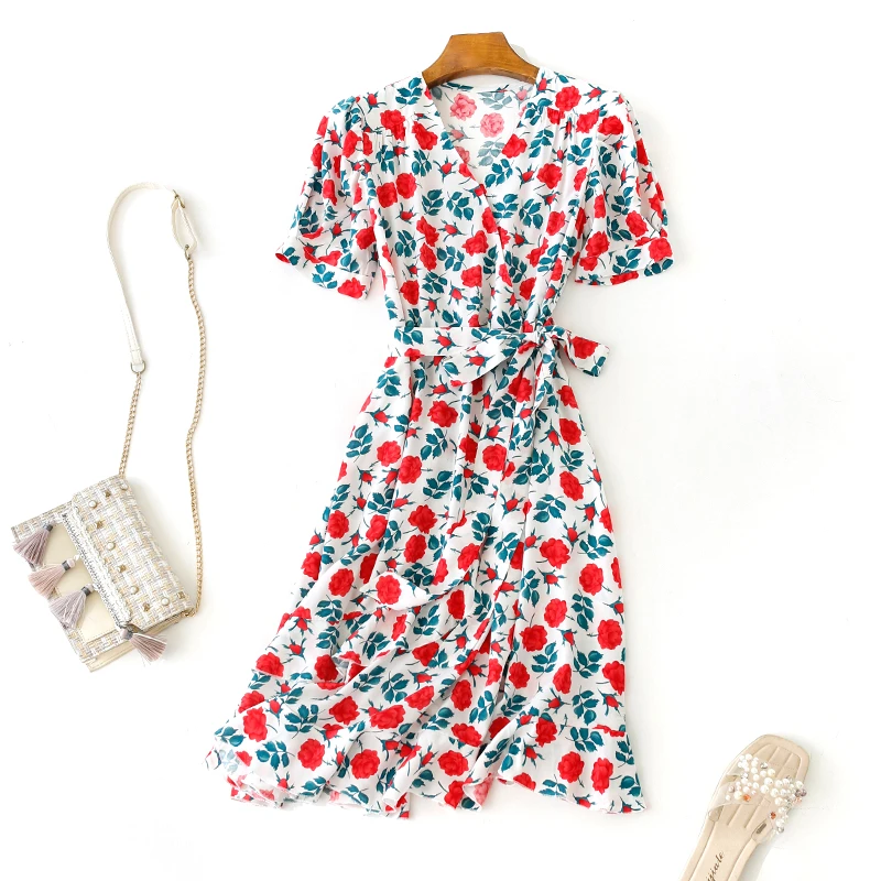 新款泡泡袖V领时尚法式棉绸连衣裙 夏季收腰系带印花荷叶边绵绸裙