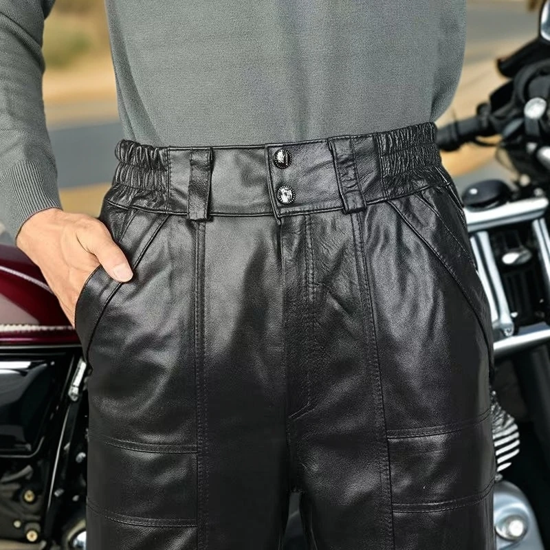 真皮裤子男头层牛皮加绒加厚机车摩托车骑行防风黑色男士皮裤休闲