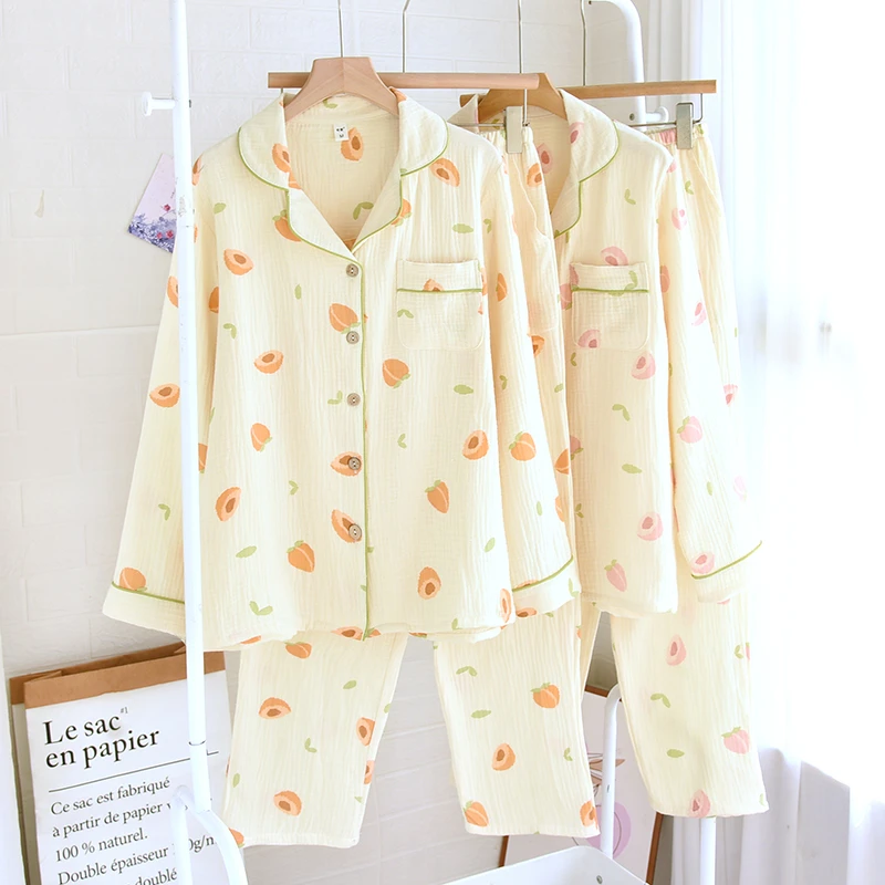 蜜桃の纱布睡衣女春秋A类纯棉双层长袖透气宽松翻领全棉家居服套装