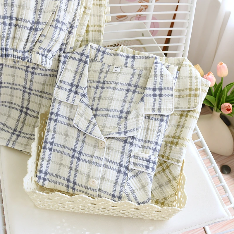 苛爱男士格子睡衣纯棉长袖秋春季双层纱布薄款翻领开衫家居服套装