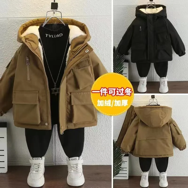 【正版高质量】冬装男童棉服加绒加厚男孩中大童外套连帽过冬