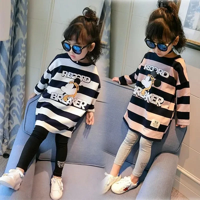 女童宽松T恤新款春装卫衣中大童韩版圆领条纹中长款卡通打底衫潮