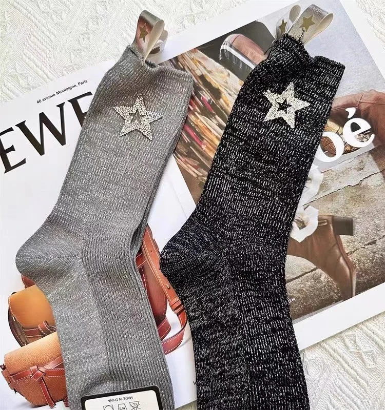 欧货新款烫印亮钻星星高筒双针织亮丝后跟织带外穿洋气个性袜子女