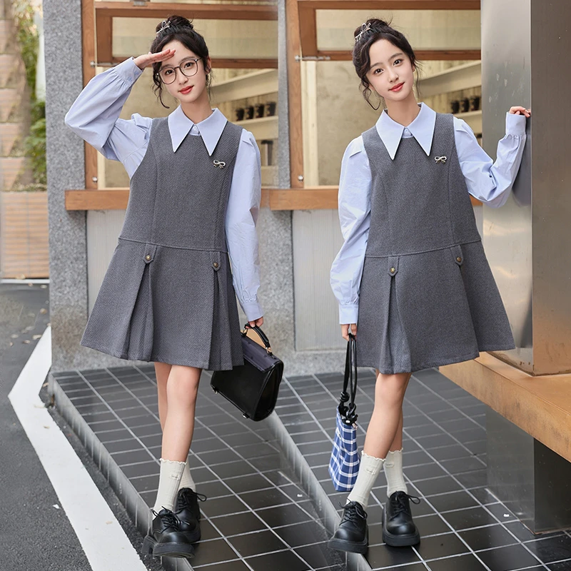 女童青少女中大童连衣裙秋冬装加肥加大衬衫呢子裙两件套初中学生