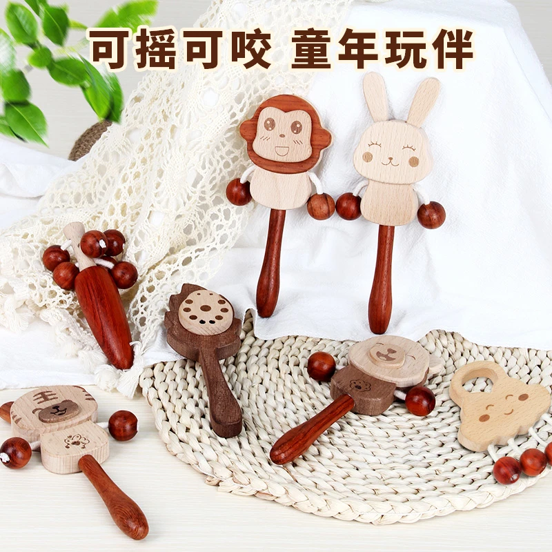 婴儿玩具拨浪鼓手摇铃0-3个月宝宝新生儿0-1岁沙锤可啃咬原木积木