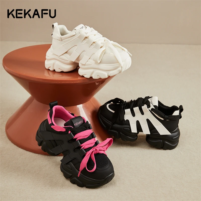 珂卡芙2024夏季厚底ins复古增高柔软缓震拼接系带透气老爹运动鞋