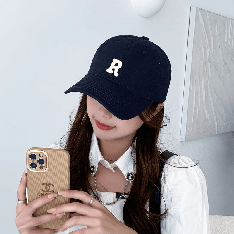 R字母帽子韩版百搭运动软顶纯棉大头围棒球帽日系显脸小鸭舌帽女