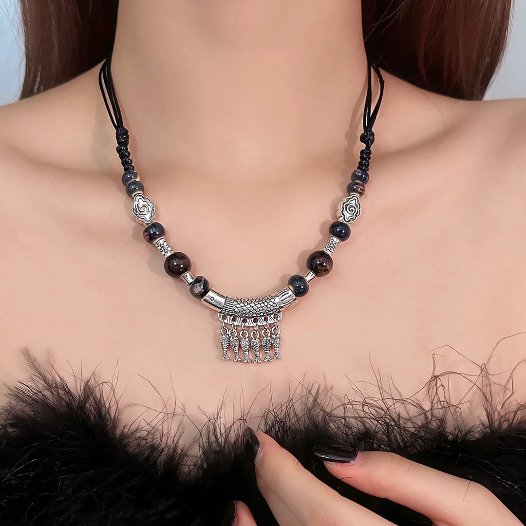 合金皮质项链 X4309-1时尚小众气质轻奢百搭设计感新中式小鱼项链