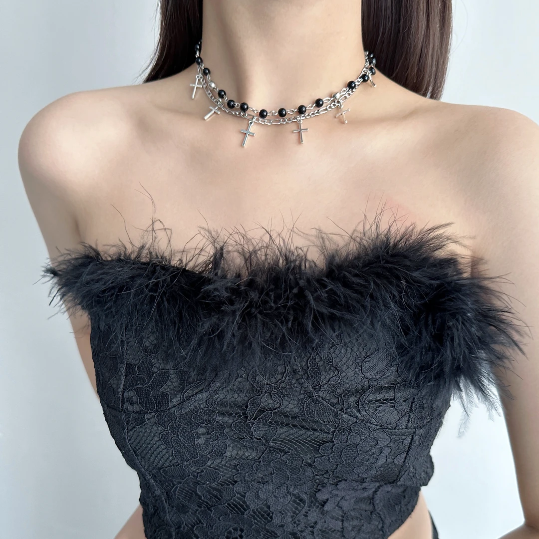 合金亚克力项链 X4464-1时尚精致小众百搭个性黑色珠珠十字架项链