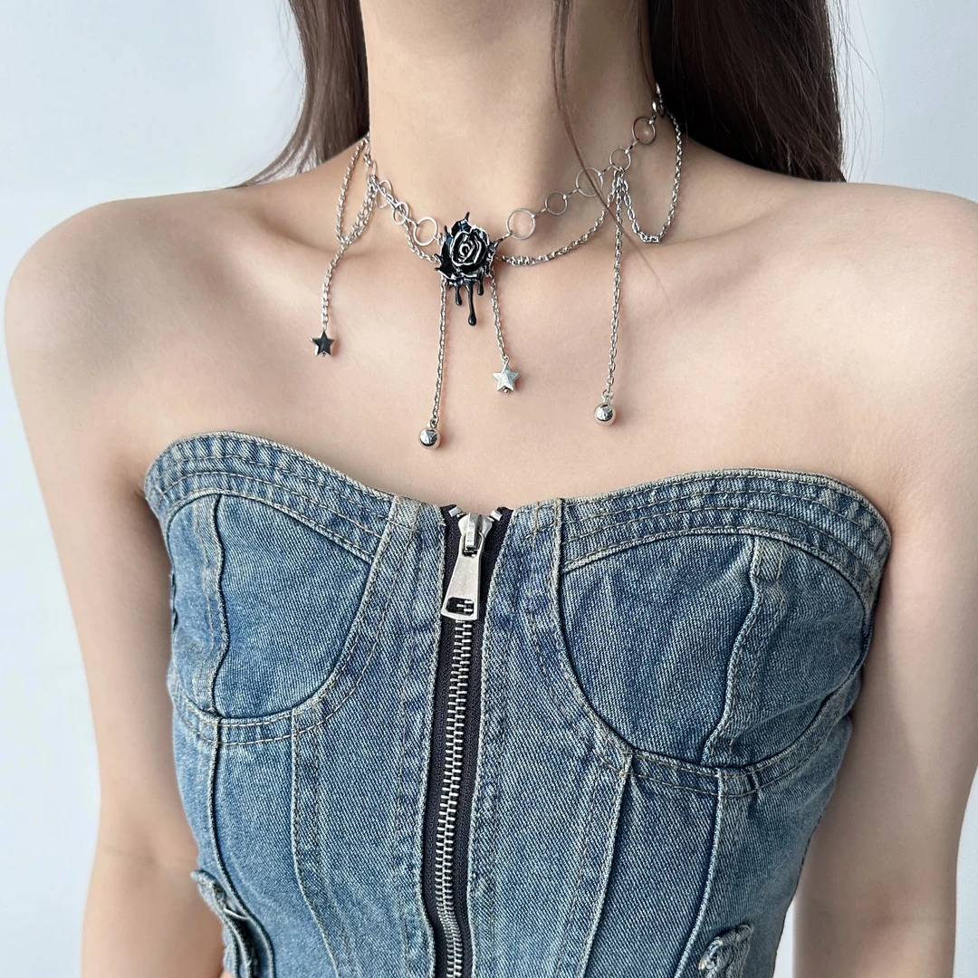 合金项链 X4475-1时尚暗黑小众个性高级感精致玫瑰流苏项链设计感