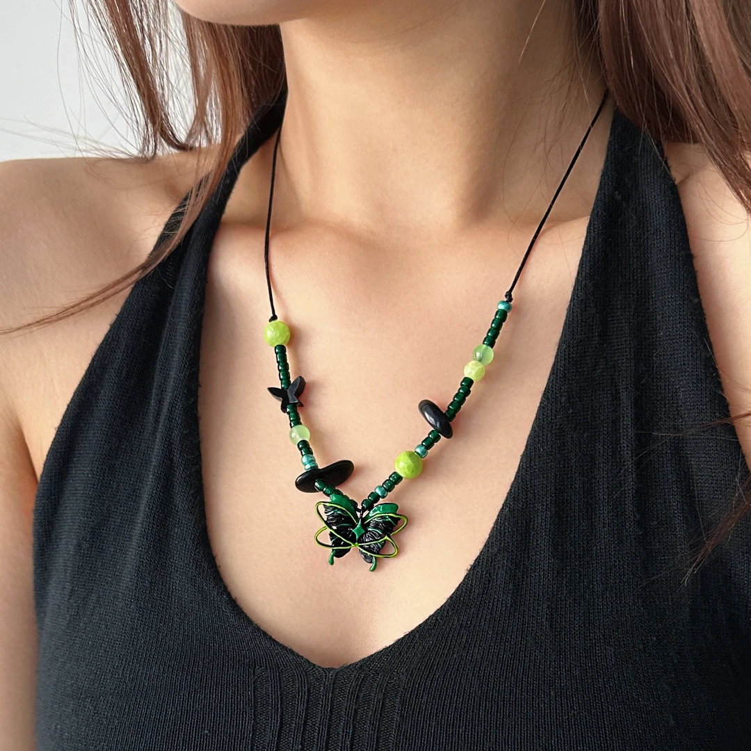 非金属亚克力项链 X5071-1时尚小众精致百搭个性绿色蝴蝶抽拉项链