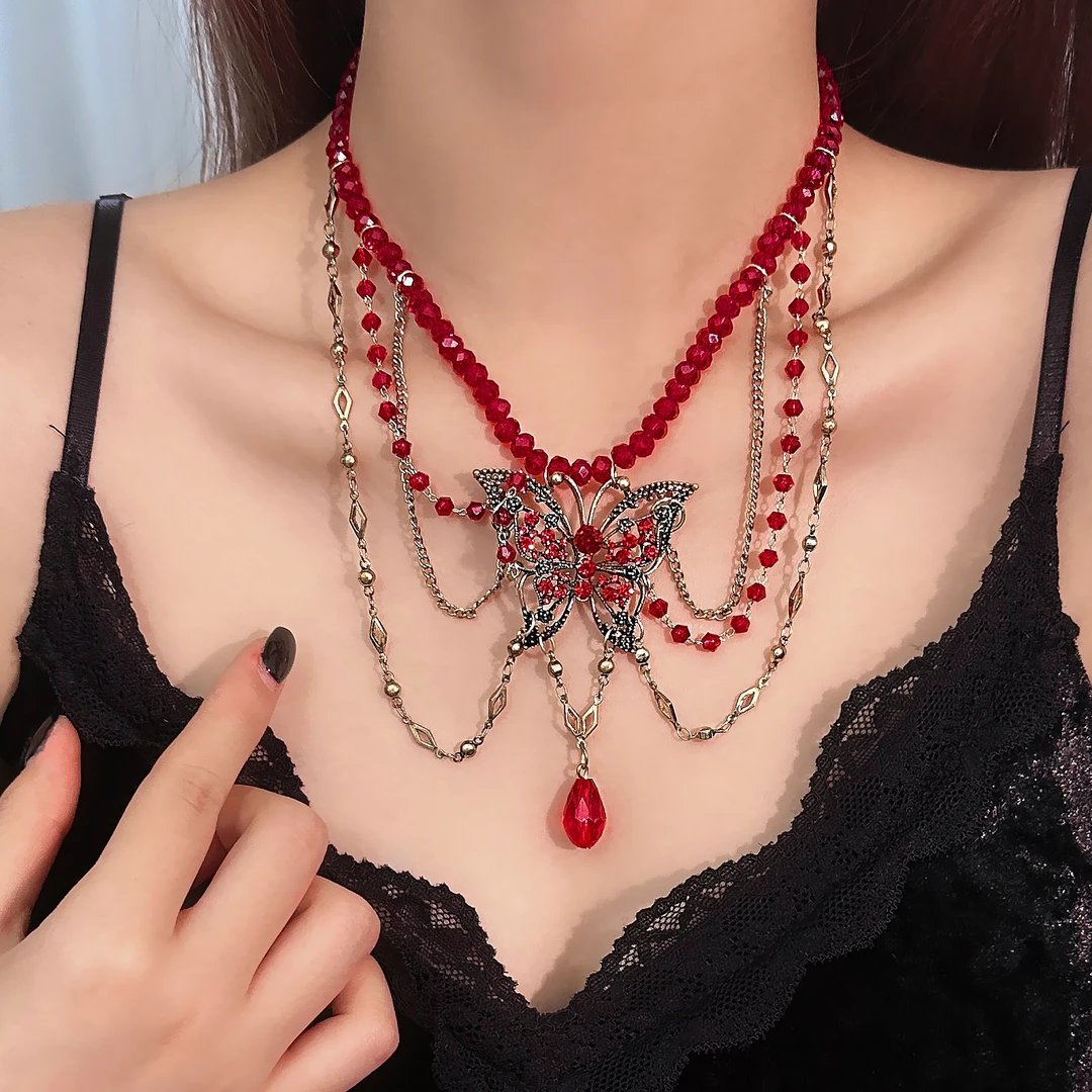 合金亚克力项链 X4304-1时尚气质轻奢百搭个性高级感红色蝴蝶项链