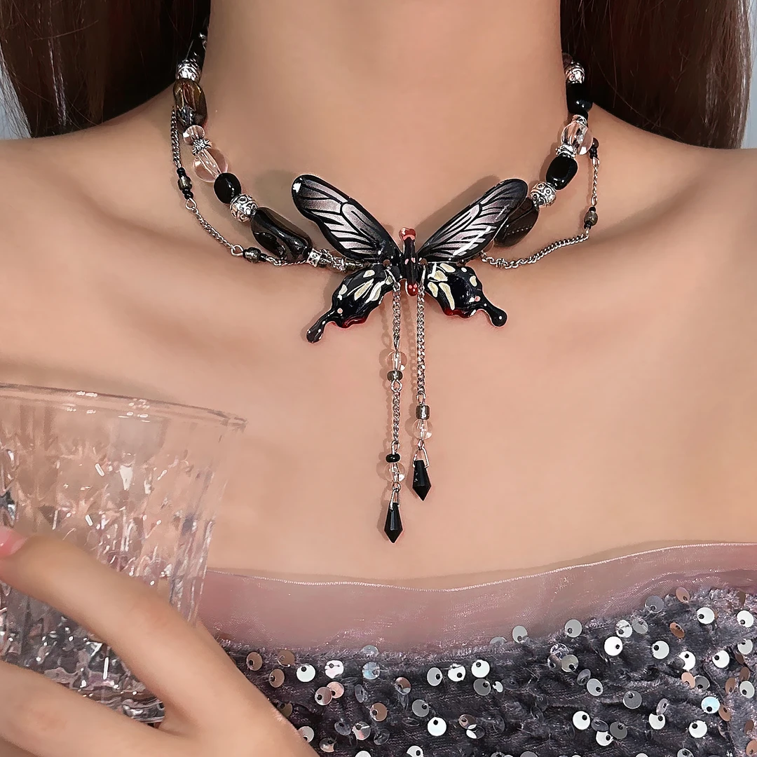 合金亚克力项链 X4152-1时尚气质轻奢百搭个性黑色蝴蝶串珠高级感