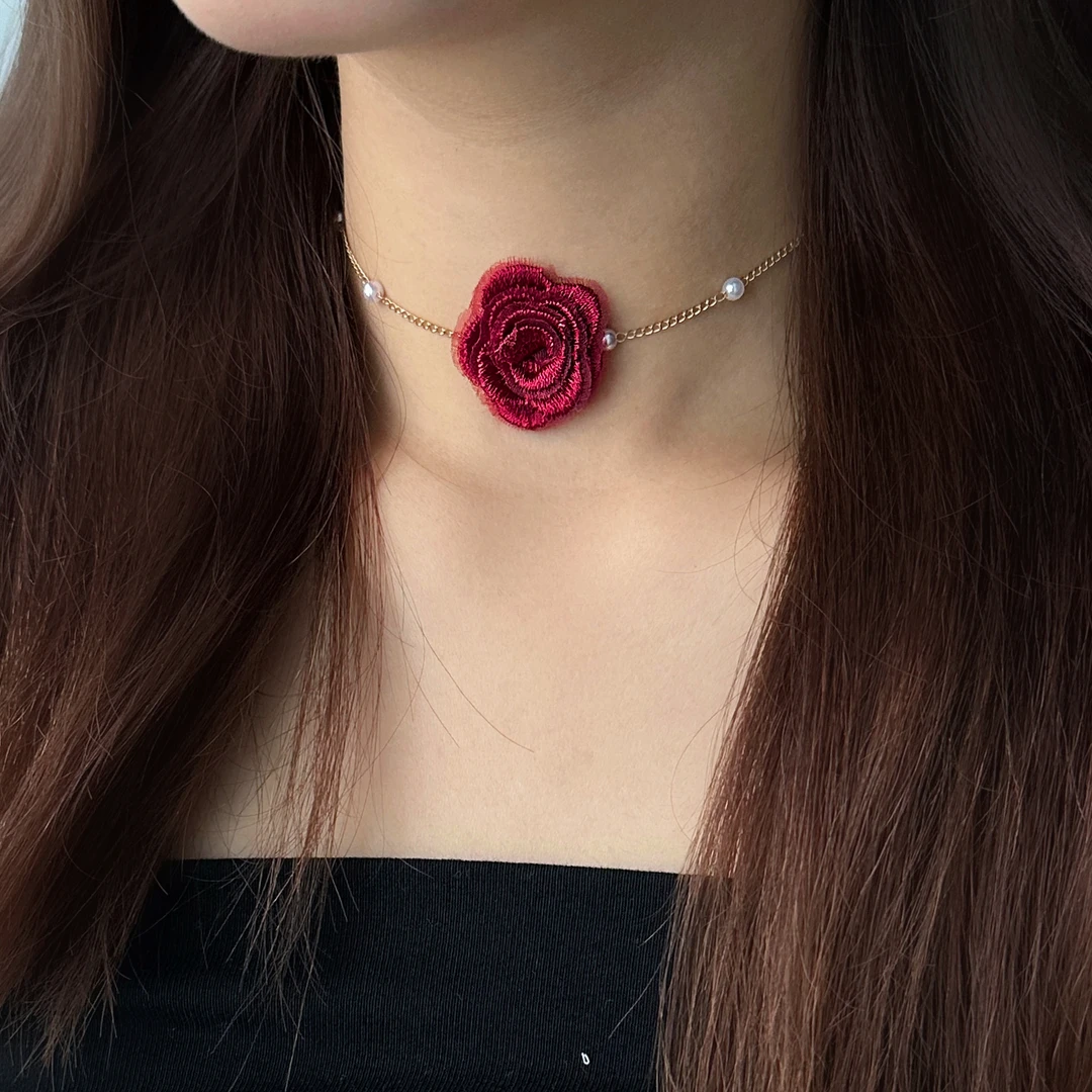 合金亚克力项链 X5039-1时尚纯欲百搭精致个性甜美珠珠玫瑰花项链