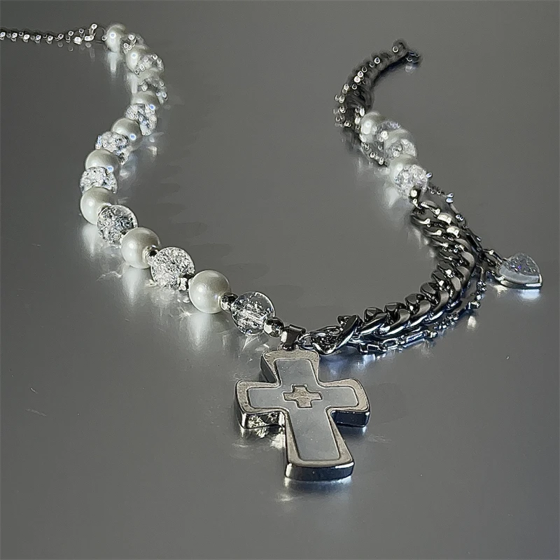 合金亚克力项链 X0578-1十字架珠珠项链女甜酷风卫衣链小众设计感