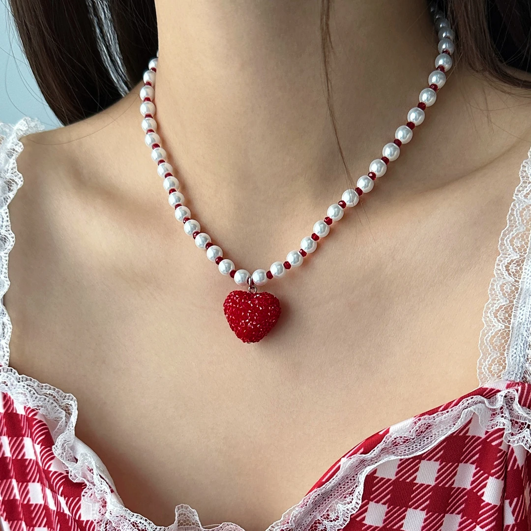 合金亚克力项链 X5053-1甜美精致百搭个性高级感红色爱心珠珠项链