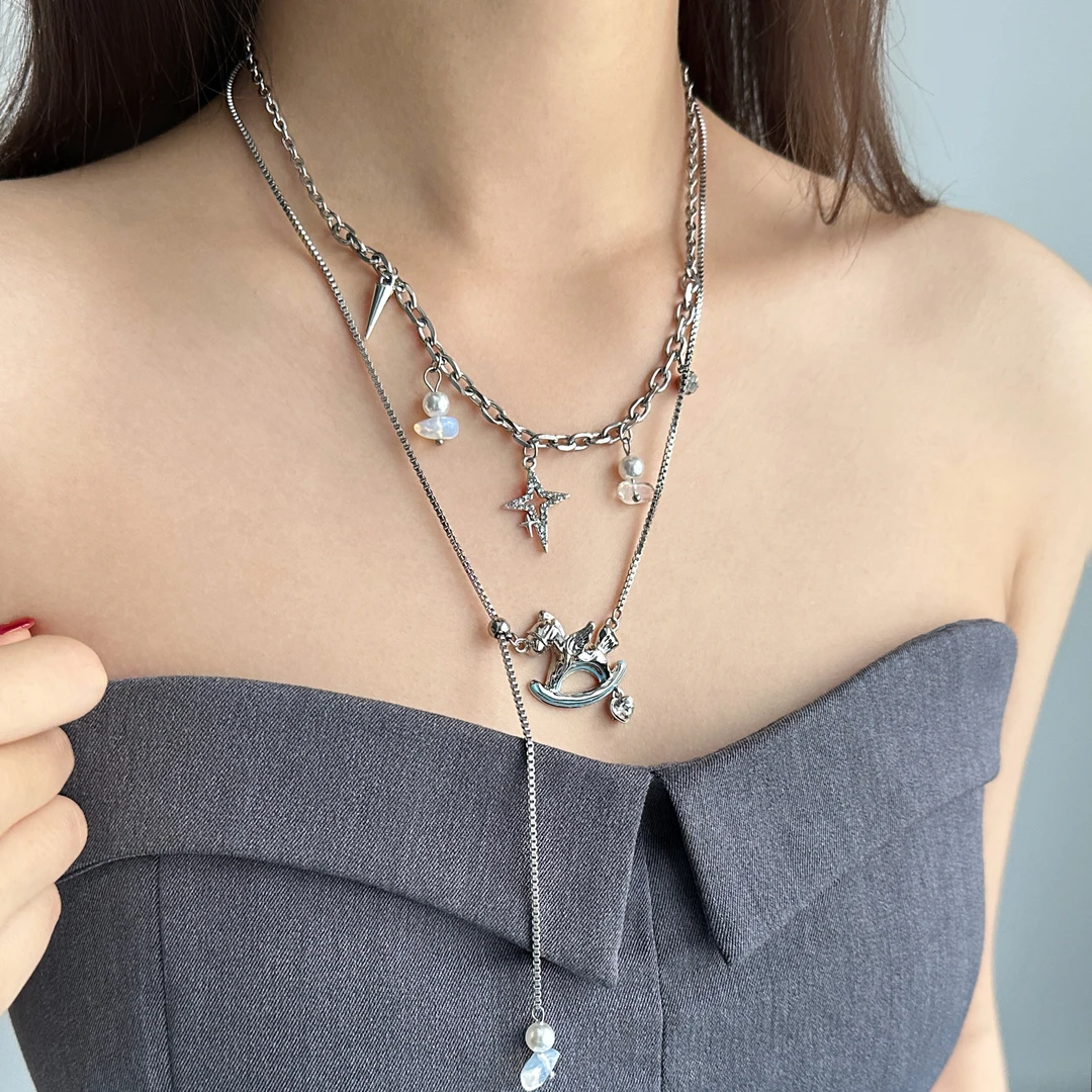 合金项链 X4961-1时尚潮流设计感百搭个性高级感双层梦幻木马项链