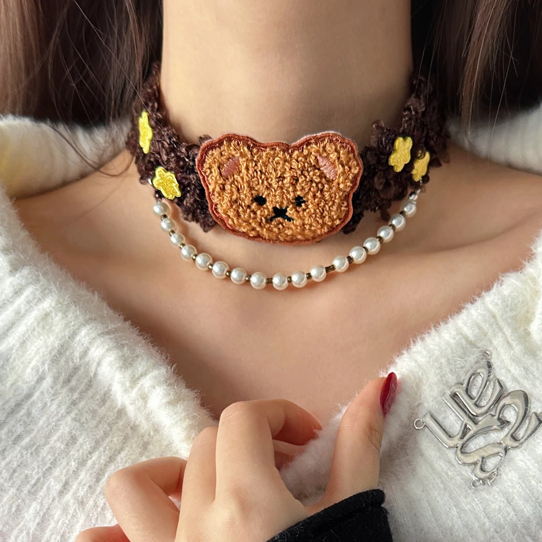 非金属布艺项链 X4967-1可爱甜美小众百搭精致高级感小熊珠珠项链