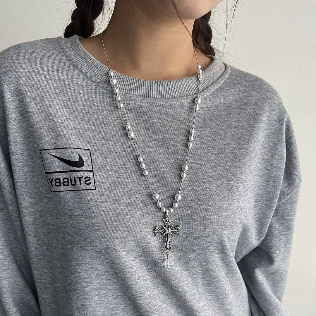 合金亚克力项链 X4826-1欧美潮流精致百搭个性轻奢十字架串珠项链