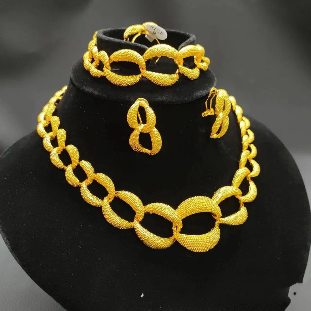 铜合金项链 【古米】4/75镀金项链耳环四件套中东迪拜印度尼日利亚