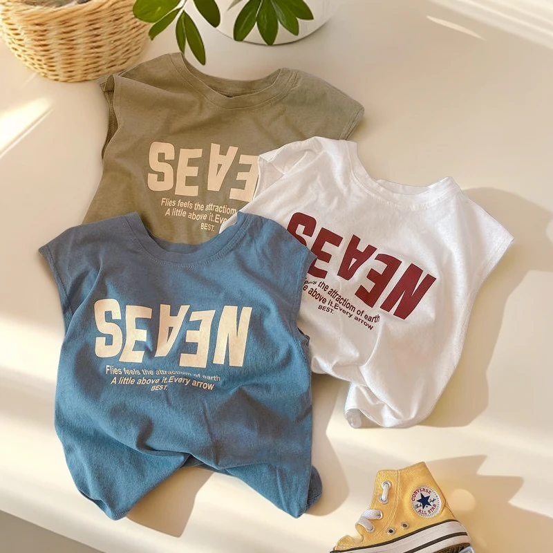 男女童无袖纯棉背心2024夏装韩版简约中小童宝宝字母套头T恤帅气
