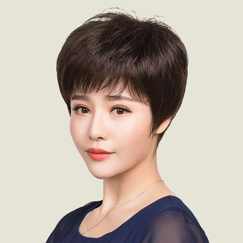 气质简约短直发中老年女士全真人发丝假发套蓬松增发量遮白发透气
