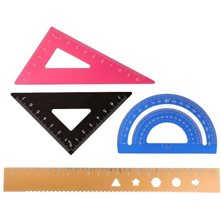 铝合金套尺子四件套三角板直尺小学生文具激光打标刻名字赠送圆规