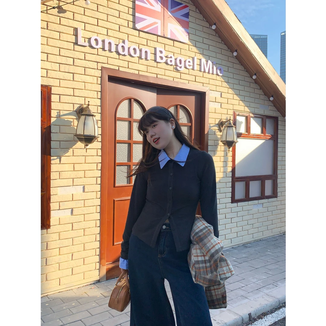 米米子“感觉至上”灰色德绒拼接蓝色条纹假两件衬衫秋季新款上衣女