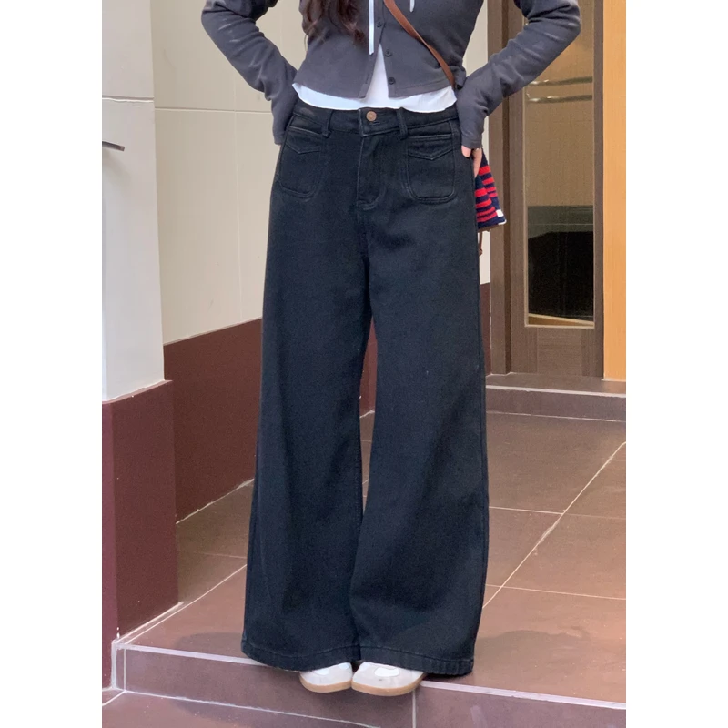 米米子定制复古高腰阔腿牛仔裤女宽松显瘦遮胯磨毛边长裤秋冬新款