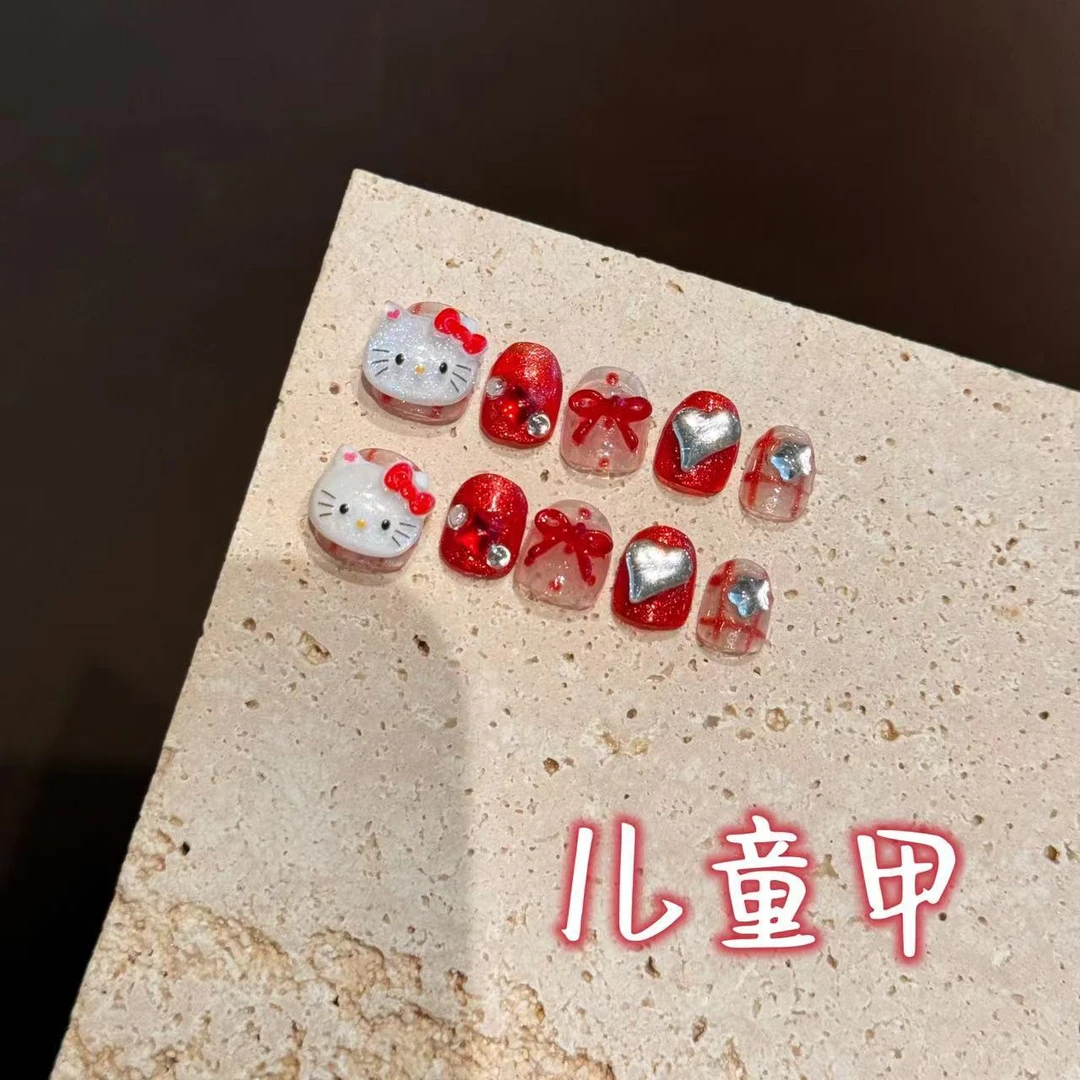 新款【宝宝甲】女童指甲贴片3-10岁凯蒂猫女童穿戴甲红色短款美甲