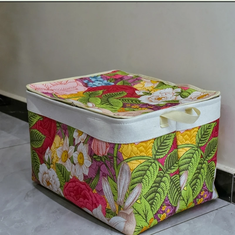 60升双拉链带钢圈牡丹百合收纳箱子衣柜整理衣服被子布艺收纳筐