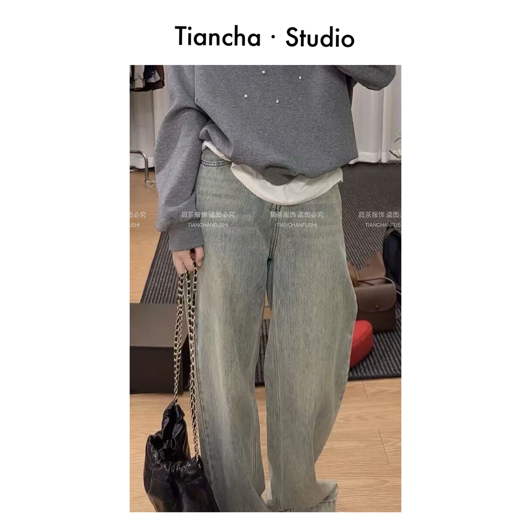 sweet c【复古牛仔裤】秋冬高腰宽松阔腿裤水洗做旧设计百搭P182#