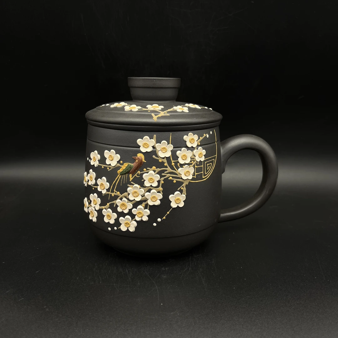 宜兴紫砂石黄精工堆绘三件套喜上眉梢纯手工紫砂盖杯新品