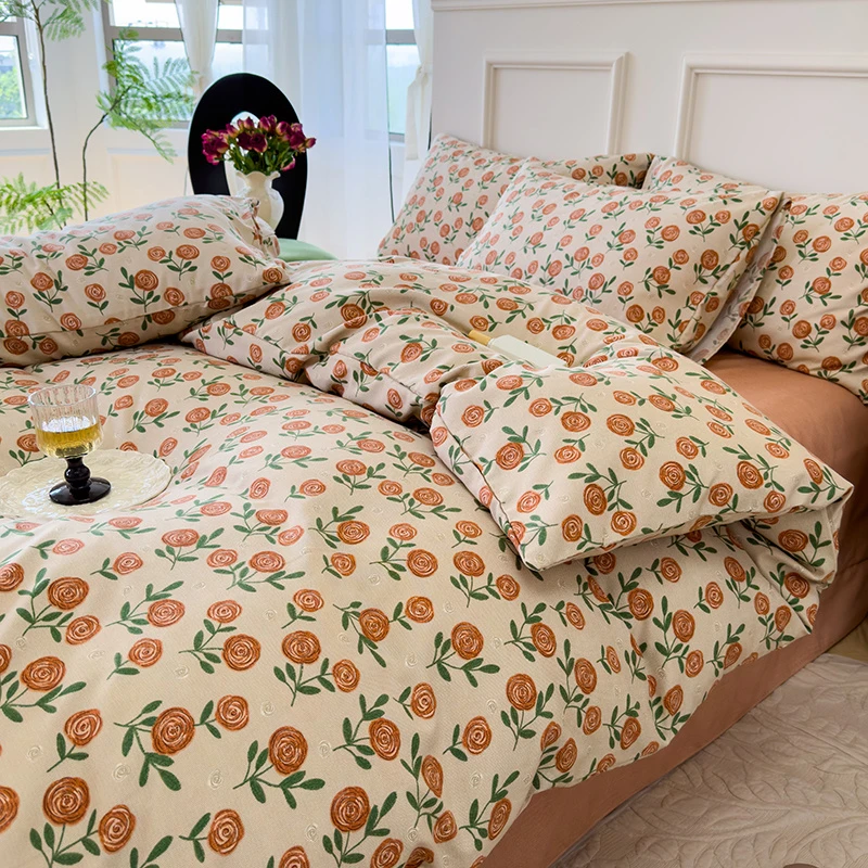 秋冬暖绒加厚磨毛印花四件套法式复古碎花学生宿舍三件套床单被罩