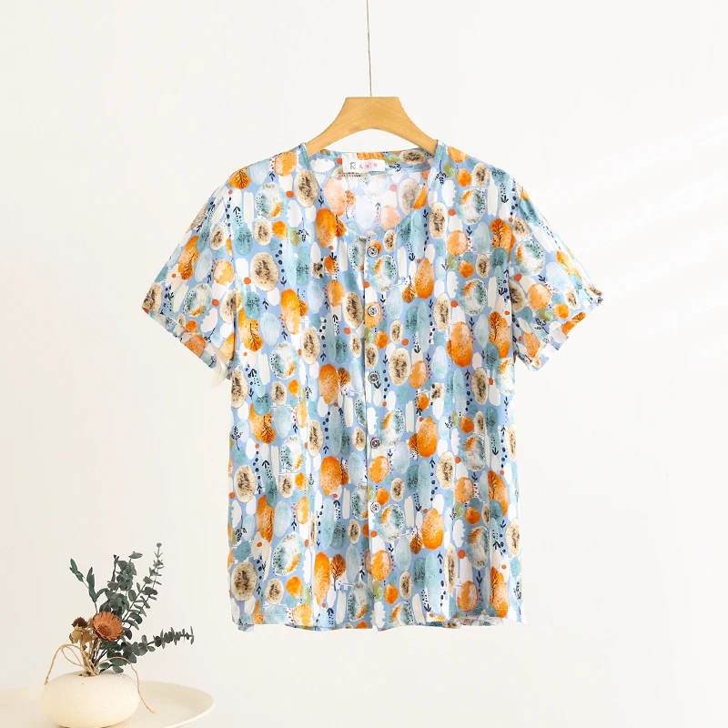 棉绸上衣女夏季薄款人造棉碎花宽松休闲棉绸洋气妈妈衬衫短袖T恤