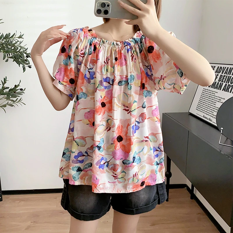 休闲外穿碎花宽松娃娃衫薄款遮肚宽松T恤女夏季短袖显瘦棉绸上衣