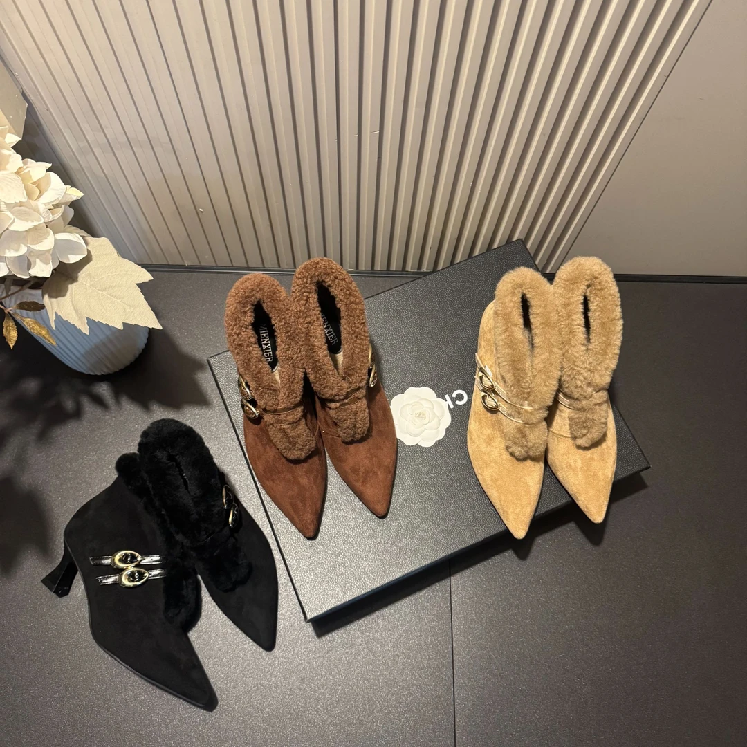 【现现】秋冬季新款金属带扣法式舒适百搭羊毛加绒时尚深口女高跟鞋